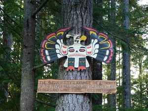Thunderbird carving by Willard Joe placed above a notice of forest protection by senior shíshálh elders